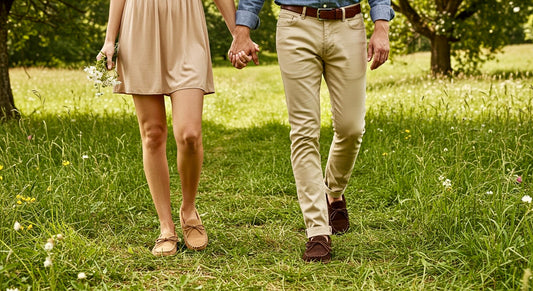 Woman and man wearing moccasins from sheepskin and things