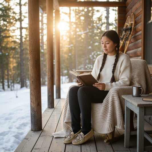 Woman reading book wearing a sweater and moccasins