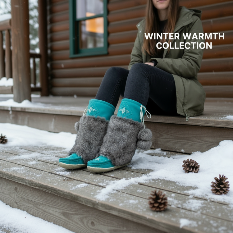 a woman wearing teal mukluks on a snow covered porch