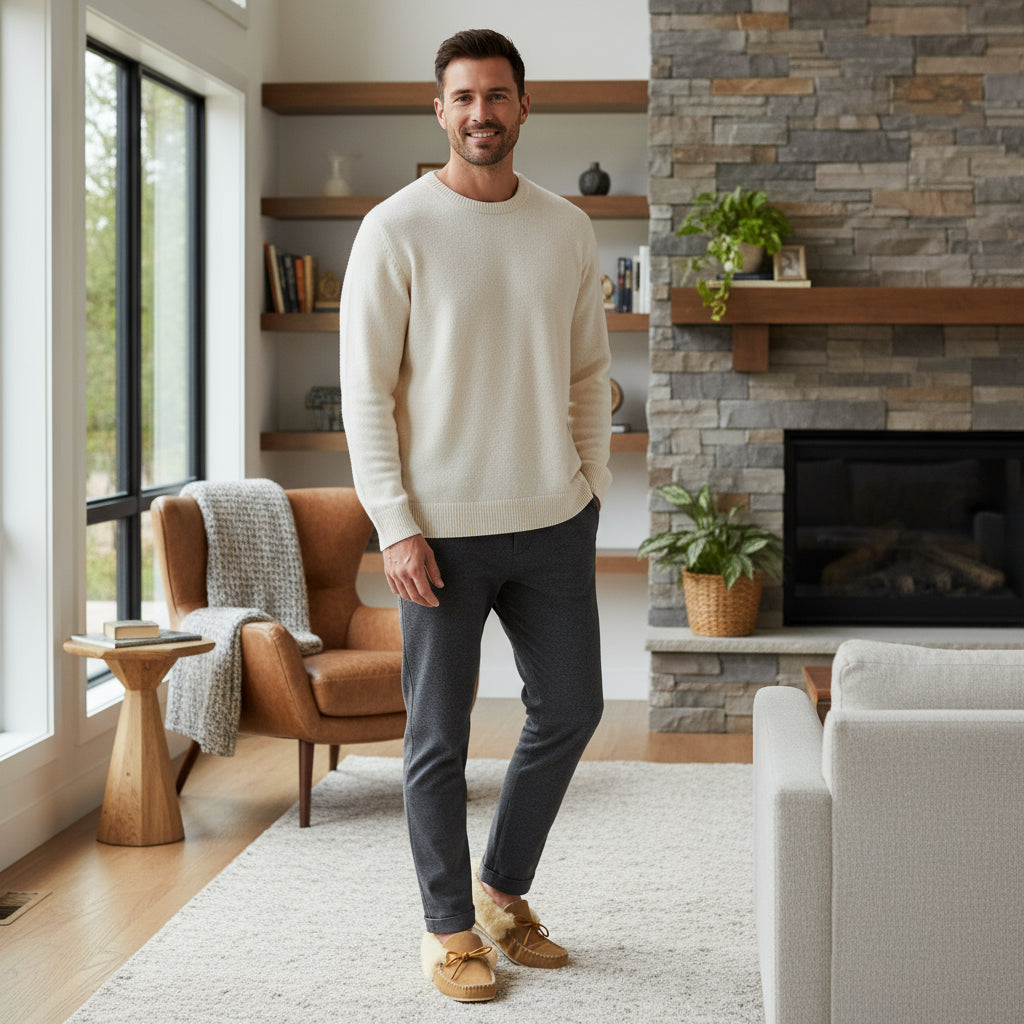 man wearing sheepskin moccasins