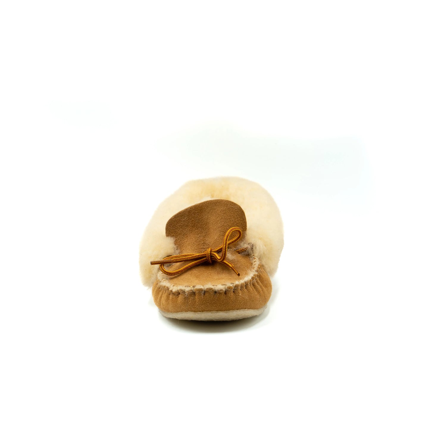 Beige moccasin with brown suede bow on a white background