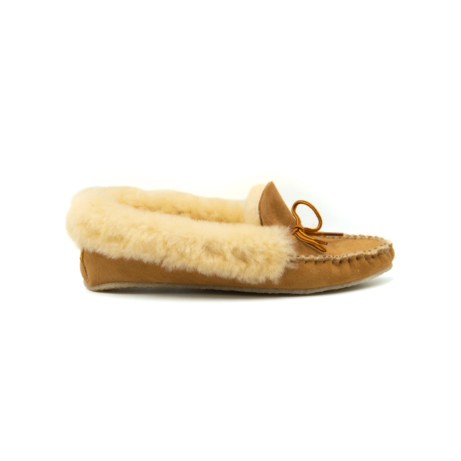 Tan moccasin slipper with fur lining on a white background
