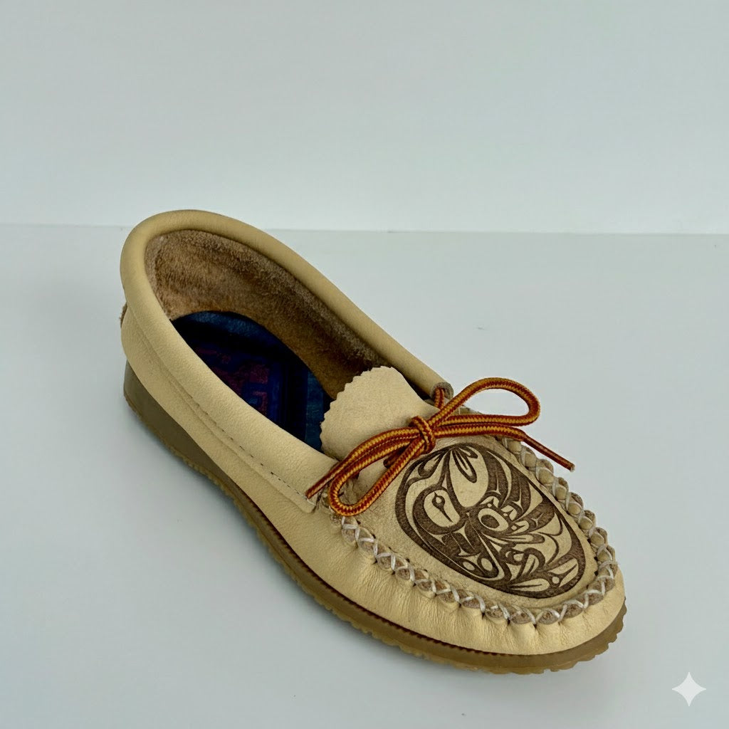Spirit Moccasins: Women's Hummingbird Moccasins With Rubber Sole - Canadian Moose Hide & Bill Helin Art