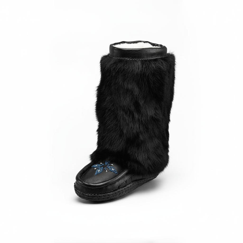 Great Plains 12" Tall Mukluks In Black Leather and Black Rabbit Fur