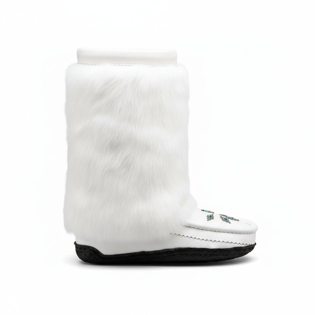 Great Plains 12" Tall Mukluks In White Leather and White Rabbit Fur
