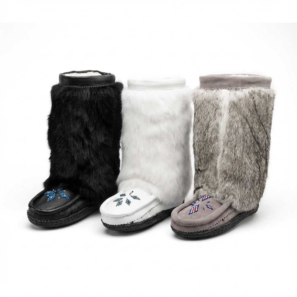 Great Plains 12" Tall Mukluks In Grey Suede and Grey Rabbit Fur