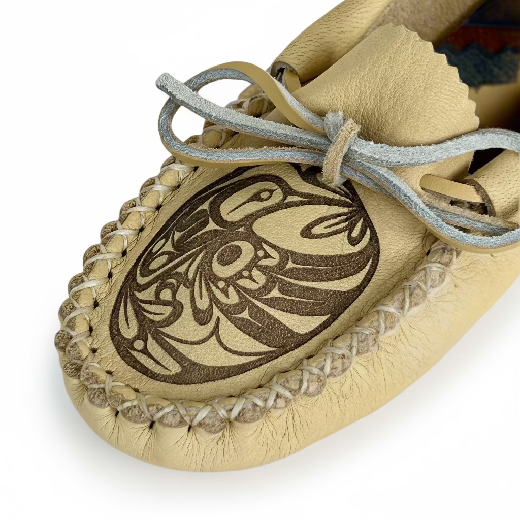 Beige moccasin with intricate black design on a white background
