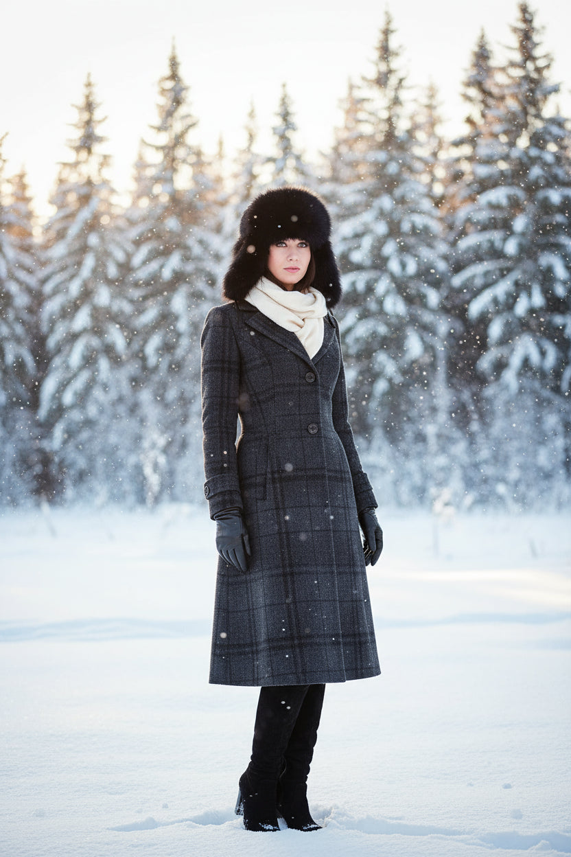 Person wearing a black fur hat with 'Tecumseh Canada' branding on a dark background
