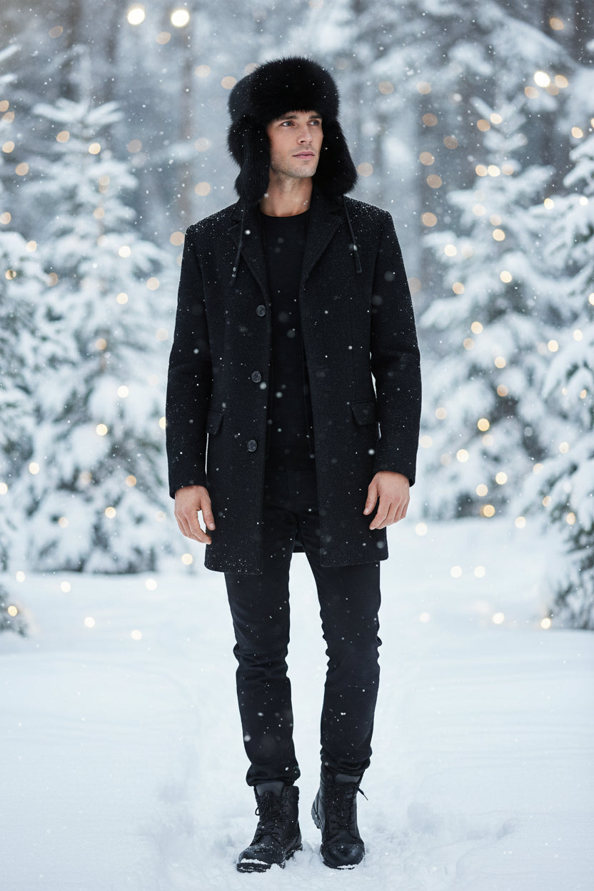 Man wearing a black fur hat with 'Tecumseh Canada' branding on a dark background