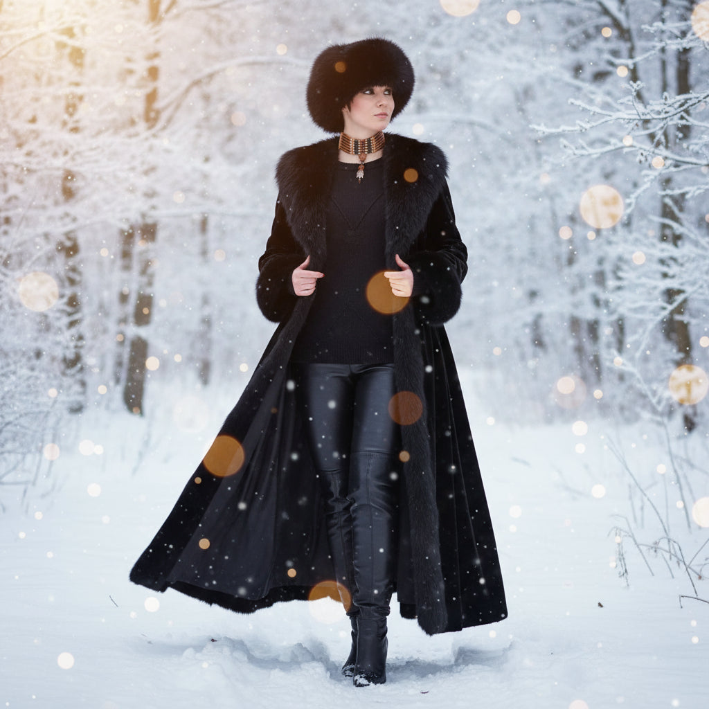 Person wearing a black fur hat and a decorative necklace against a dark background