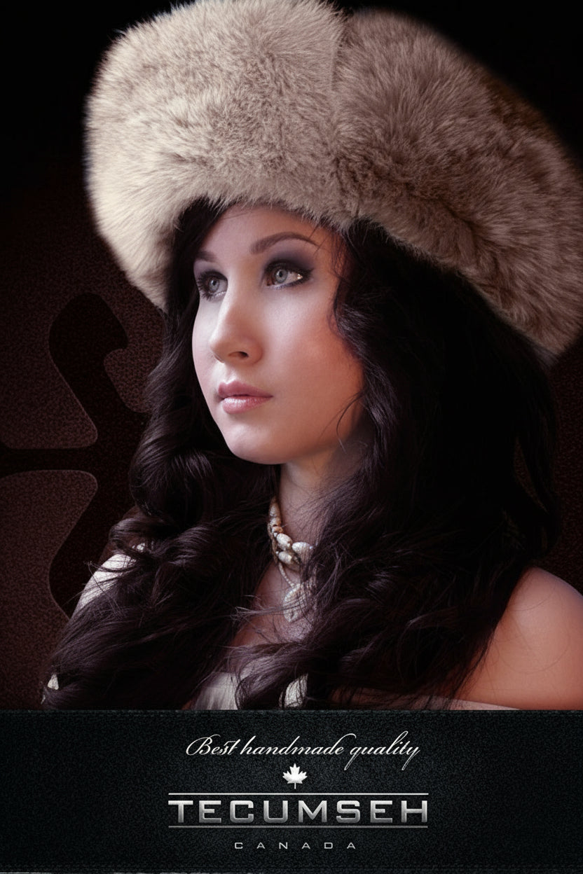 Woman wearing a fur hat with 'Tecumseh Canada' branding on a dark background