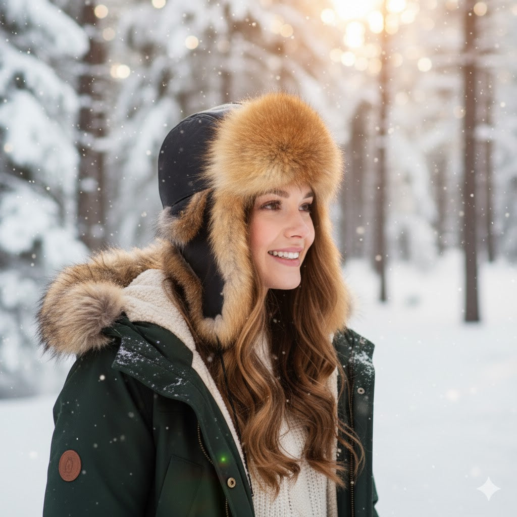 Woman wearing a fur-trimmed hat and coat in a snowy forest