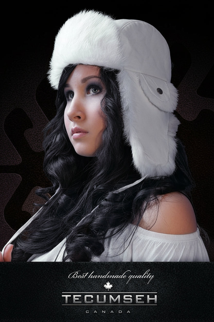 Person wearing a white fur hat with a dark background