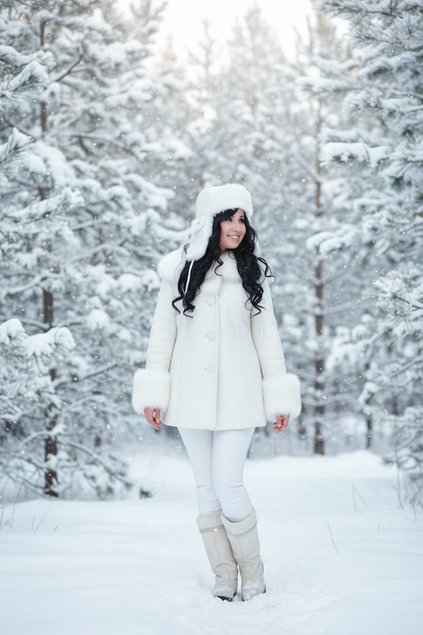 Person wearing a white winter coat with fur trim in a snowy forest