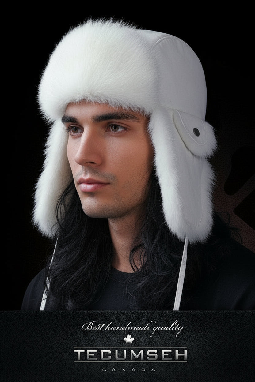 Tecumseh Canada White Rabbit Fur Bomber Hat in White Leather- Handcrafted in Canada