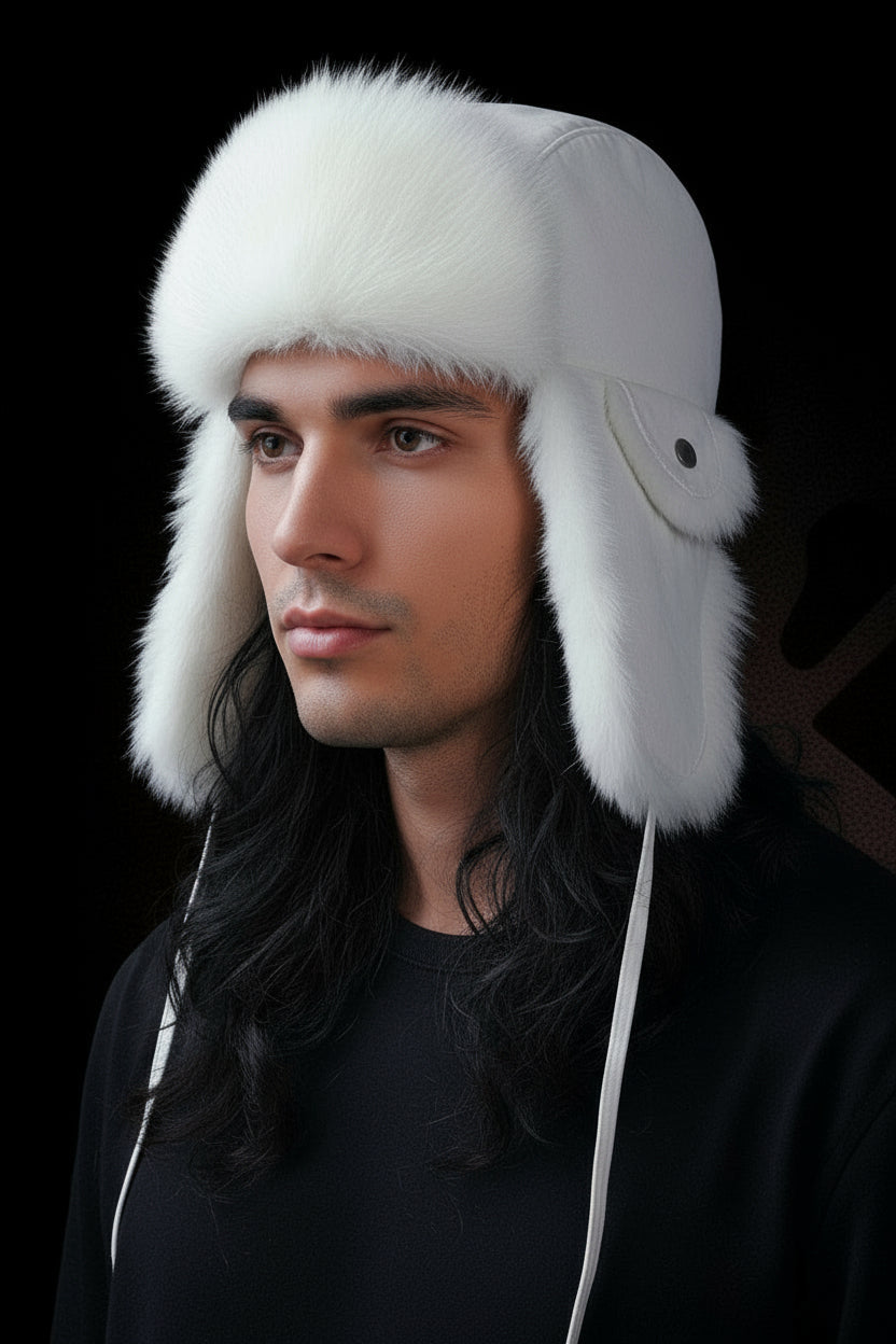 Tecumseh Canada White Rabbit Fur Bomber Hat in White Leather- Handcrafted in Canada