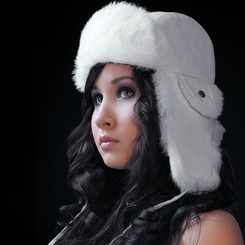 Person wearing a white fur hat against a dark background