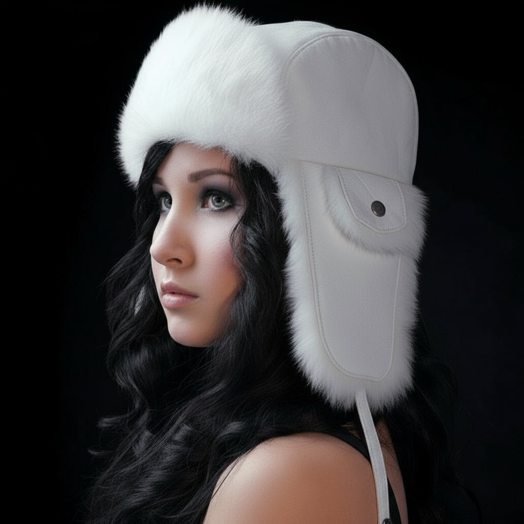Woman wearing a white fur hat against a black background