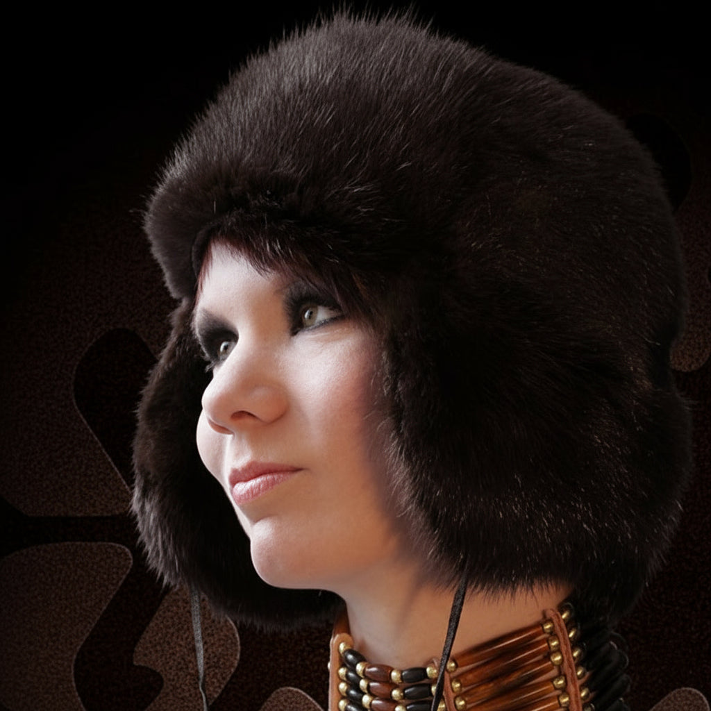 Person wearing a dark fur hat with a decorative background