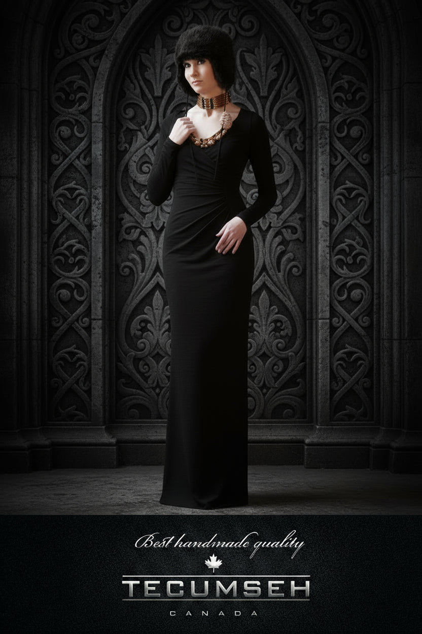 Person wearing a black fur hat with a dark background, featuring the brand 'Tecumseh'.