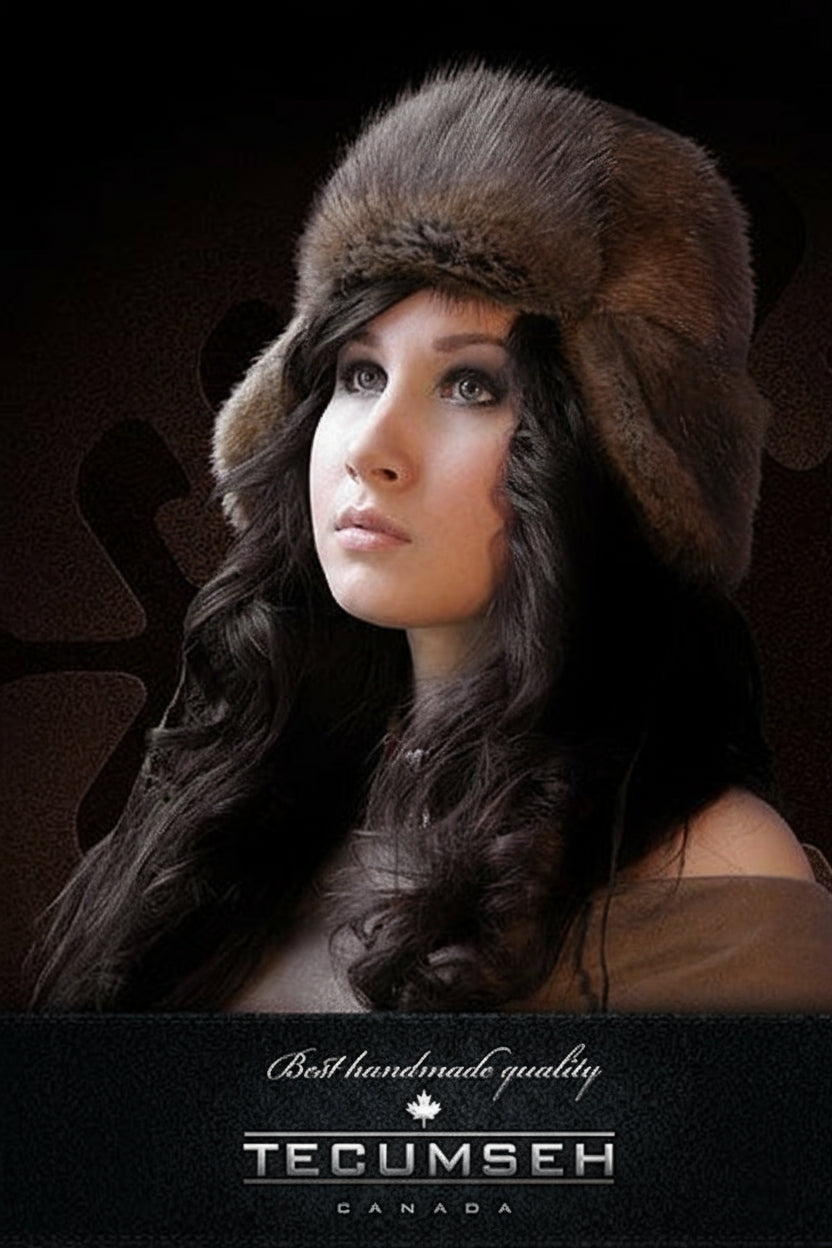 Woman wearing a fur hat with Tecumseh Canada branding on a dark background
