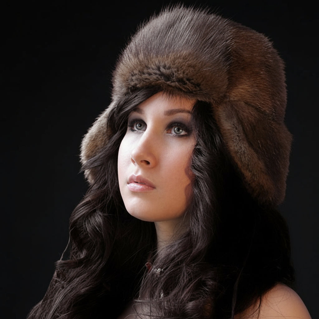 Woman wearing a brown fur hat against a dark background