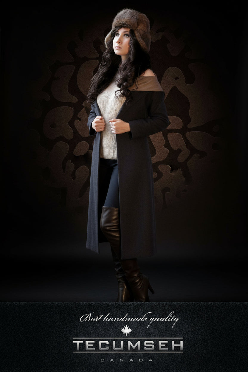 Woman wearing a fur hat with 'Tecumseh Canada' branding on a dark background