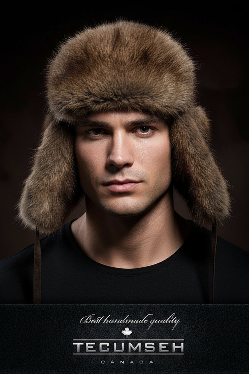 Man wearing a fur hat with 'Tecumseh Canada' branding on a dark background