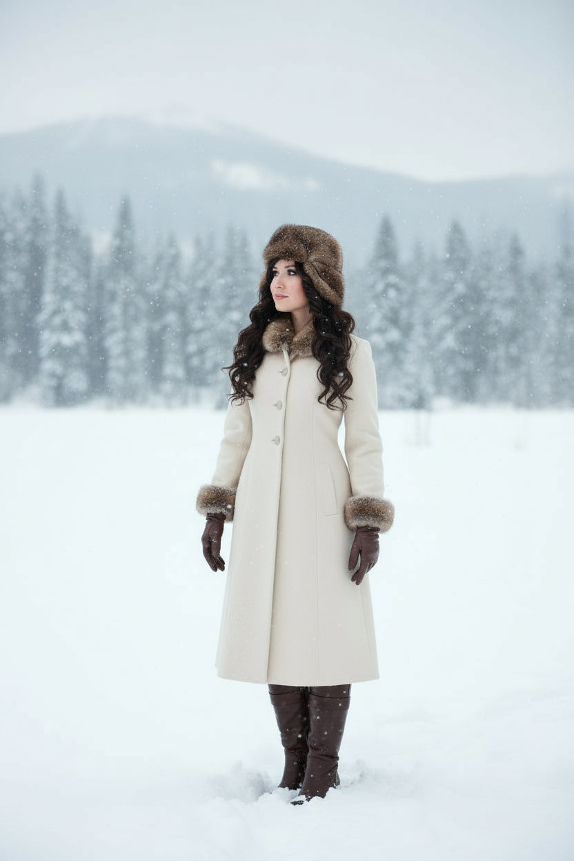 Woman wearing a fur hat with 'Tecumseh Canada' branding on a dark background