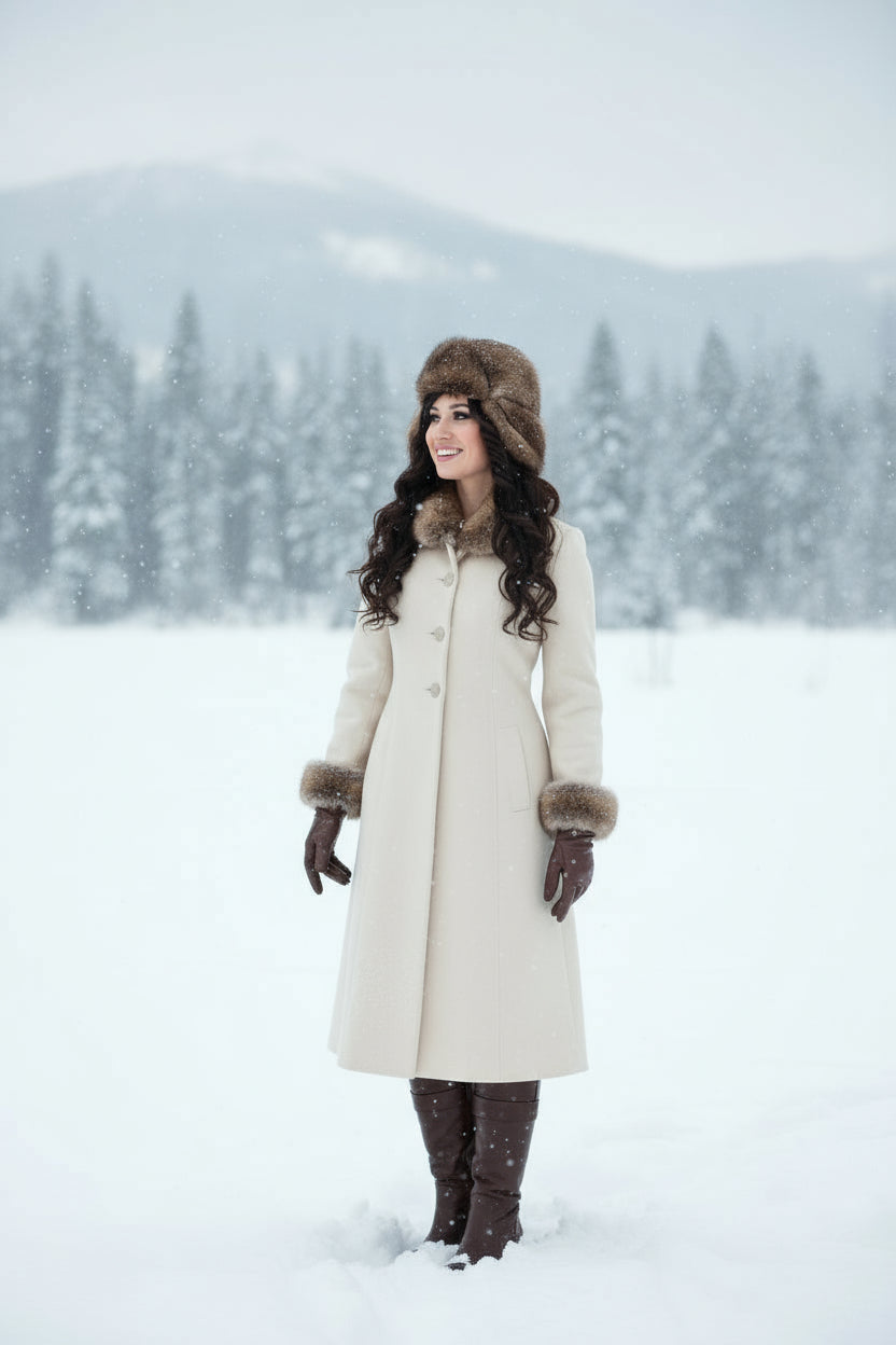 Woman in a long cream coat with fur trim standing in a snowy landscape.