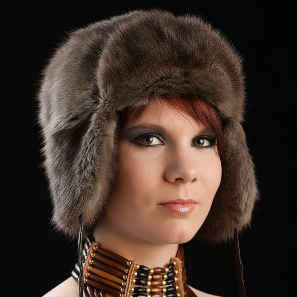 Woman wearing a brown fur hat with a black background