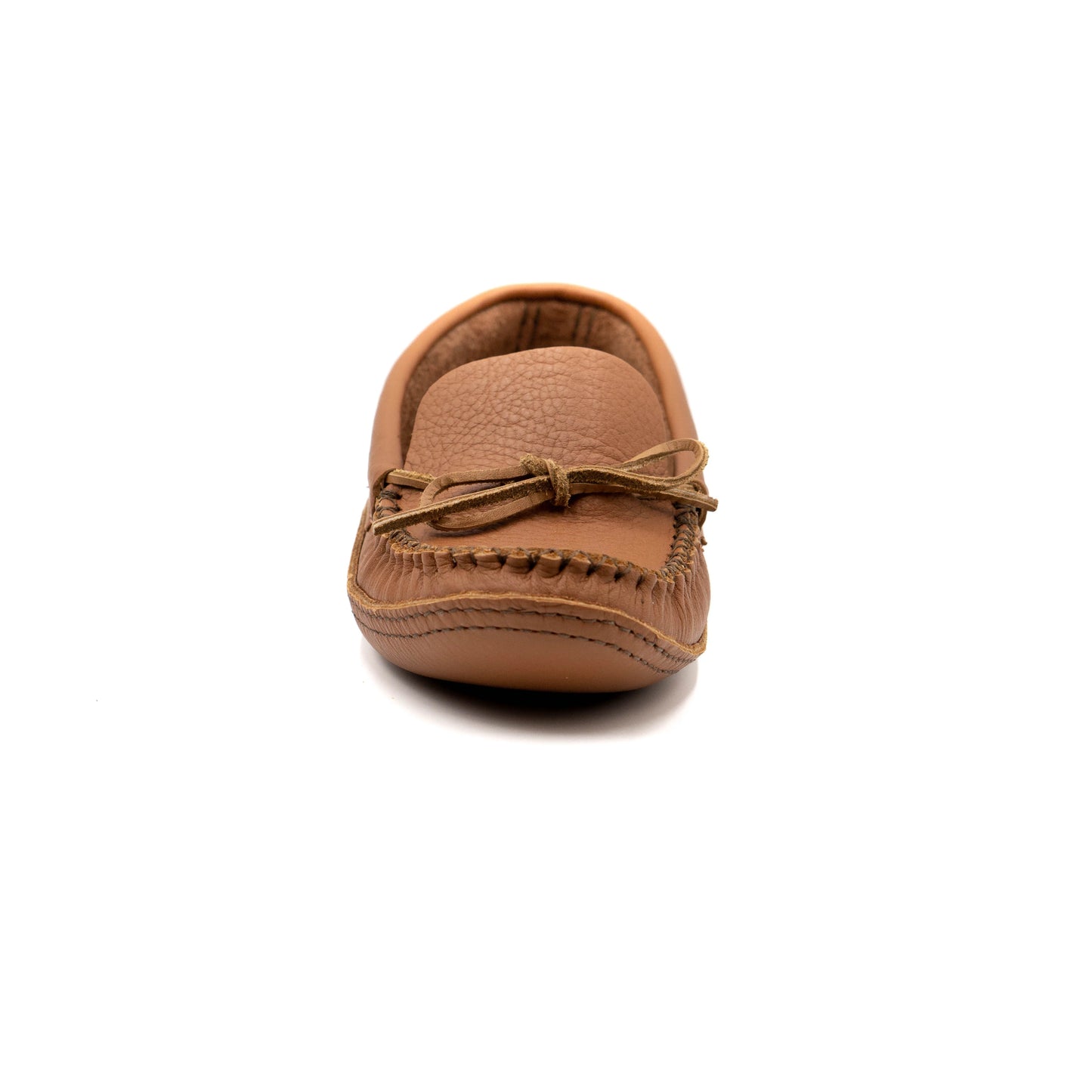 Brown leather moccasin shoe on a white background