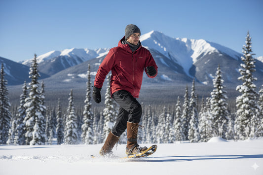 Person snowshoeing in a snowy landscape with mountains and trees in the background