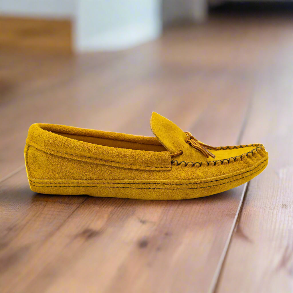 mens spirit moccasins in tan on hardwood floor