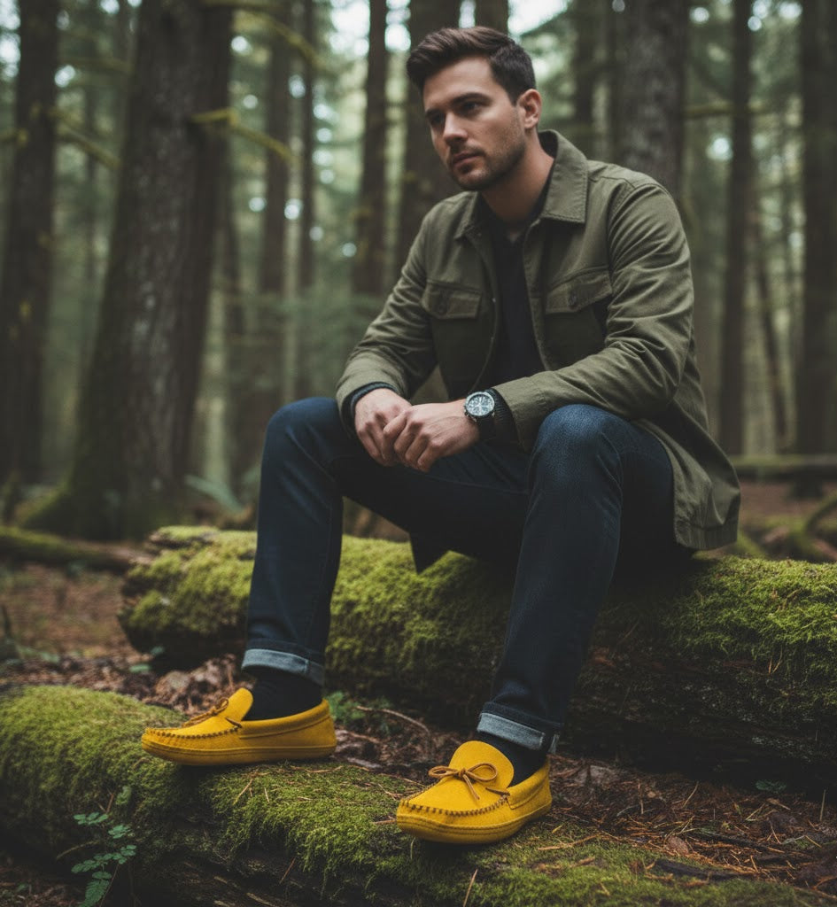Man sitting on a log in a forest wearing a green jacket, dark jeans, and yellow moccasins .