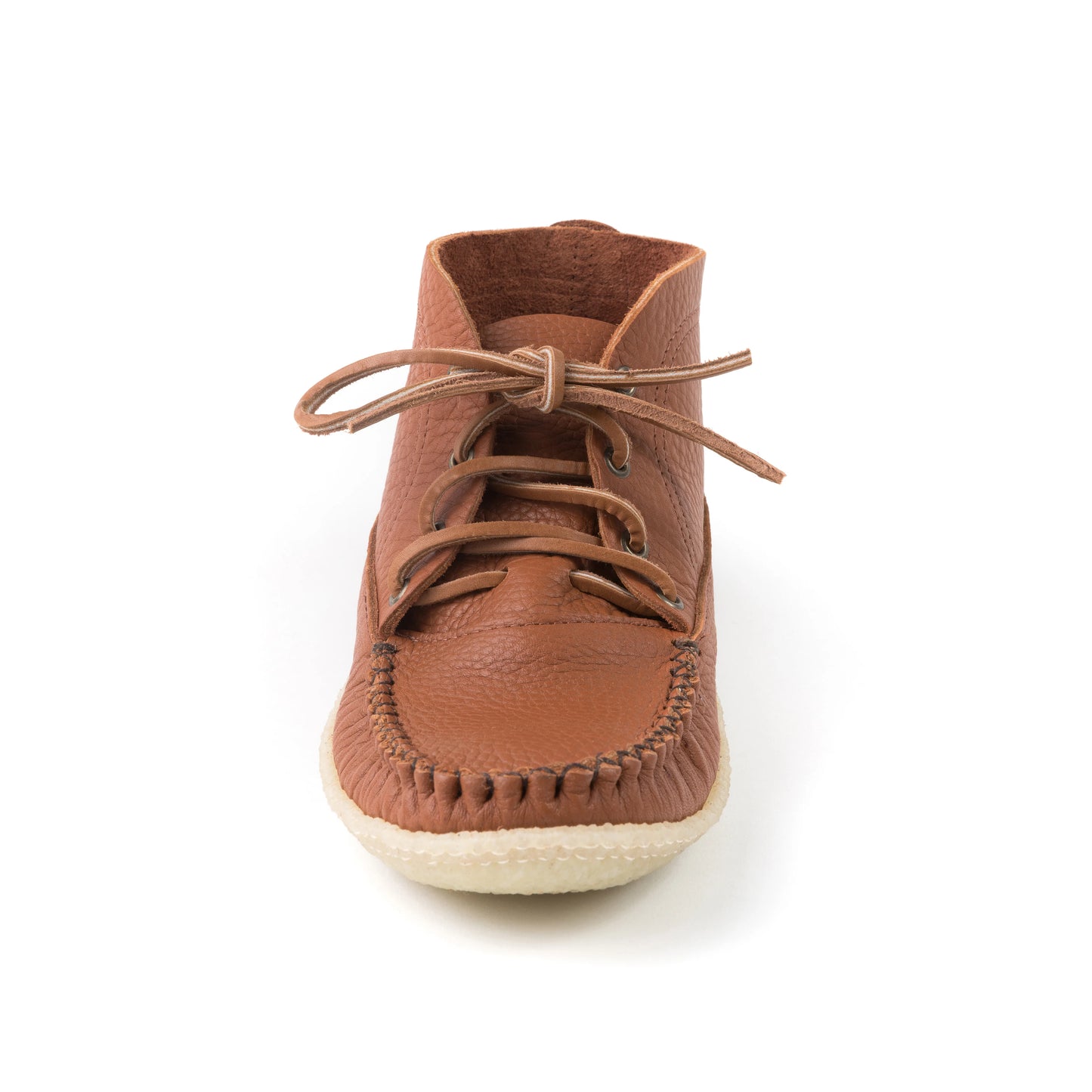 Brown leather shoe with laces on a white background