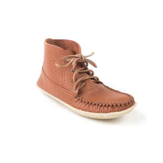 Brown leather shoe with laces on a white background