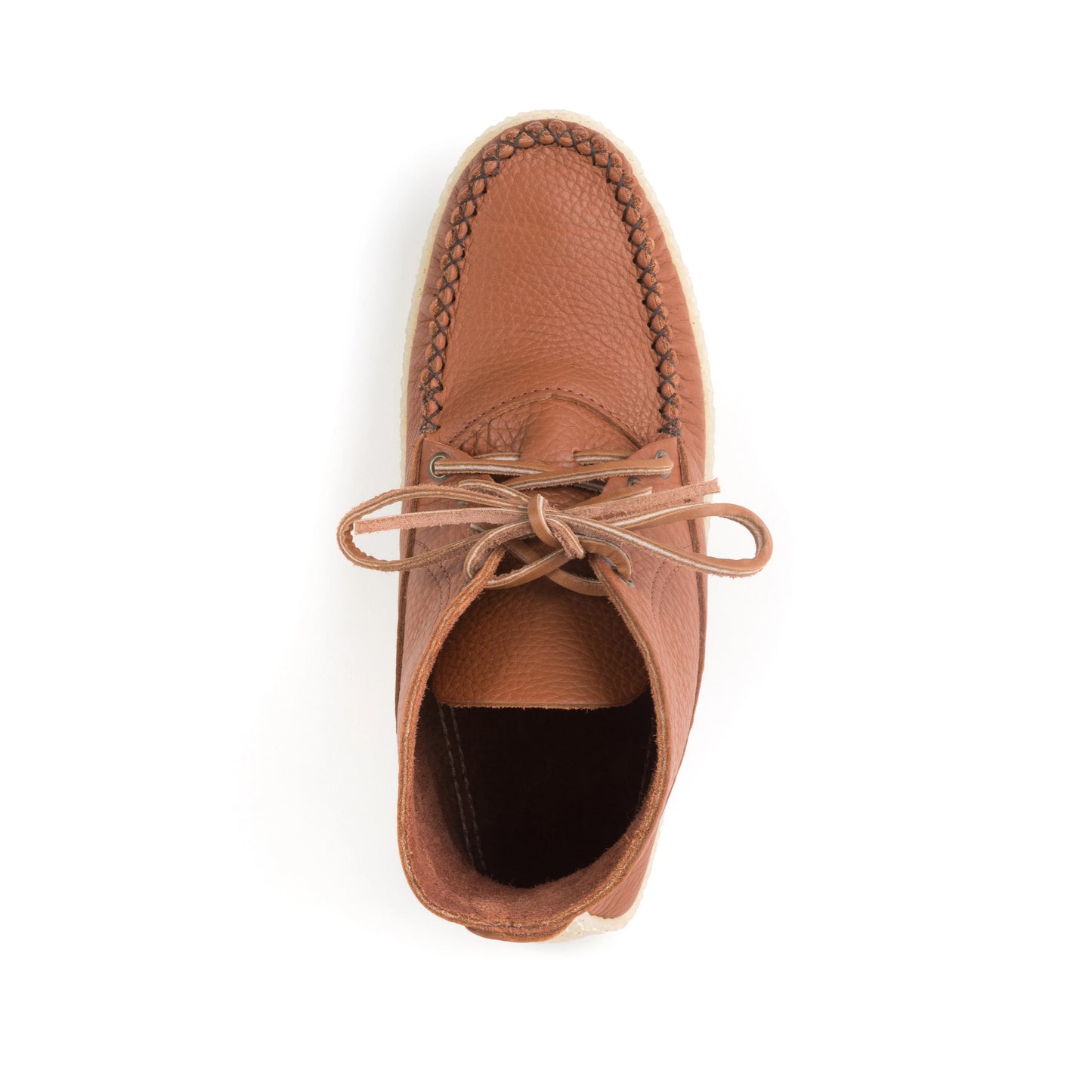 Brown leather shoe with laces on a white background