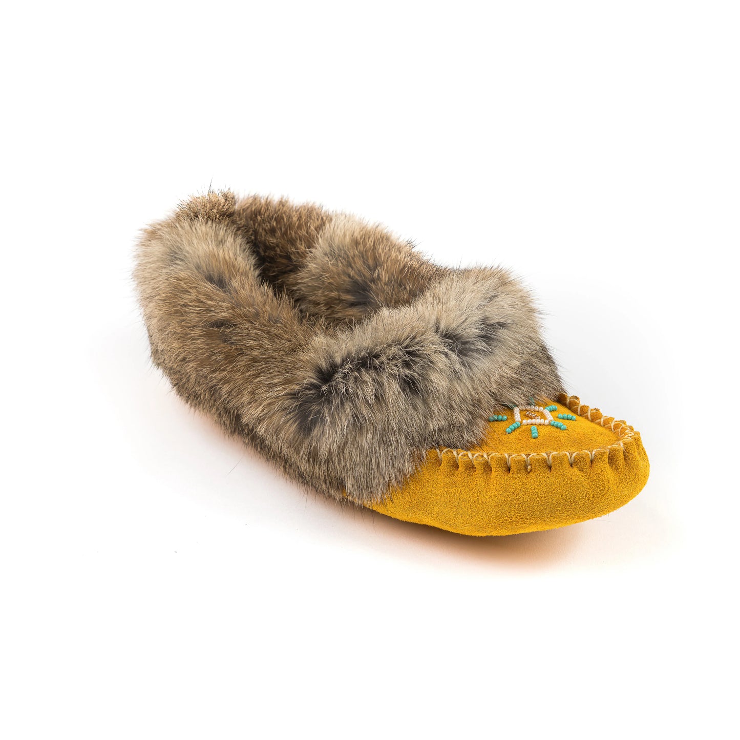 bastien industries rabbot fur moccasins made in canada with suede and beaded vamp indigenous made