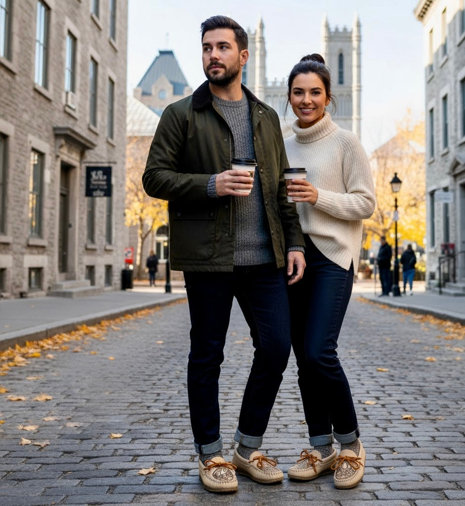 Man and woman holding coffee cups on a cobblestone street with buildings in the background