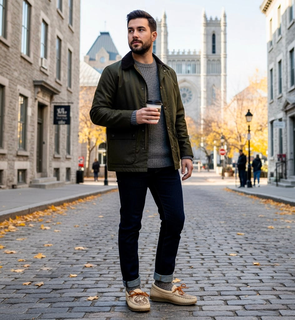 Man walking on a cobblestone street holding a coffee cup, wearing a green jacket and dark pants.