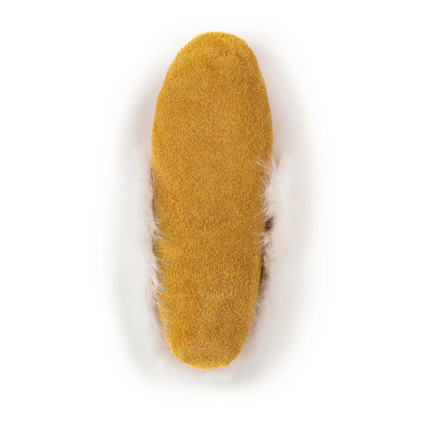 Mustard yellow shoe sole with fur trim on a white background
