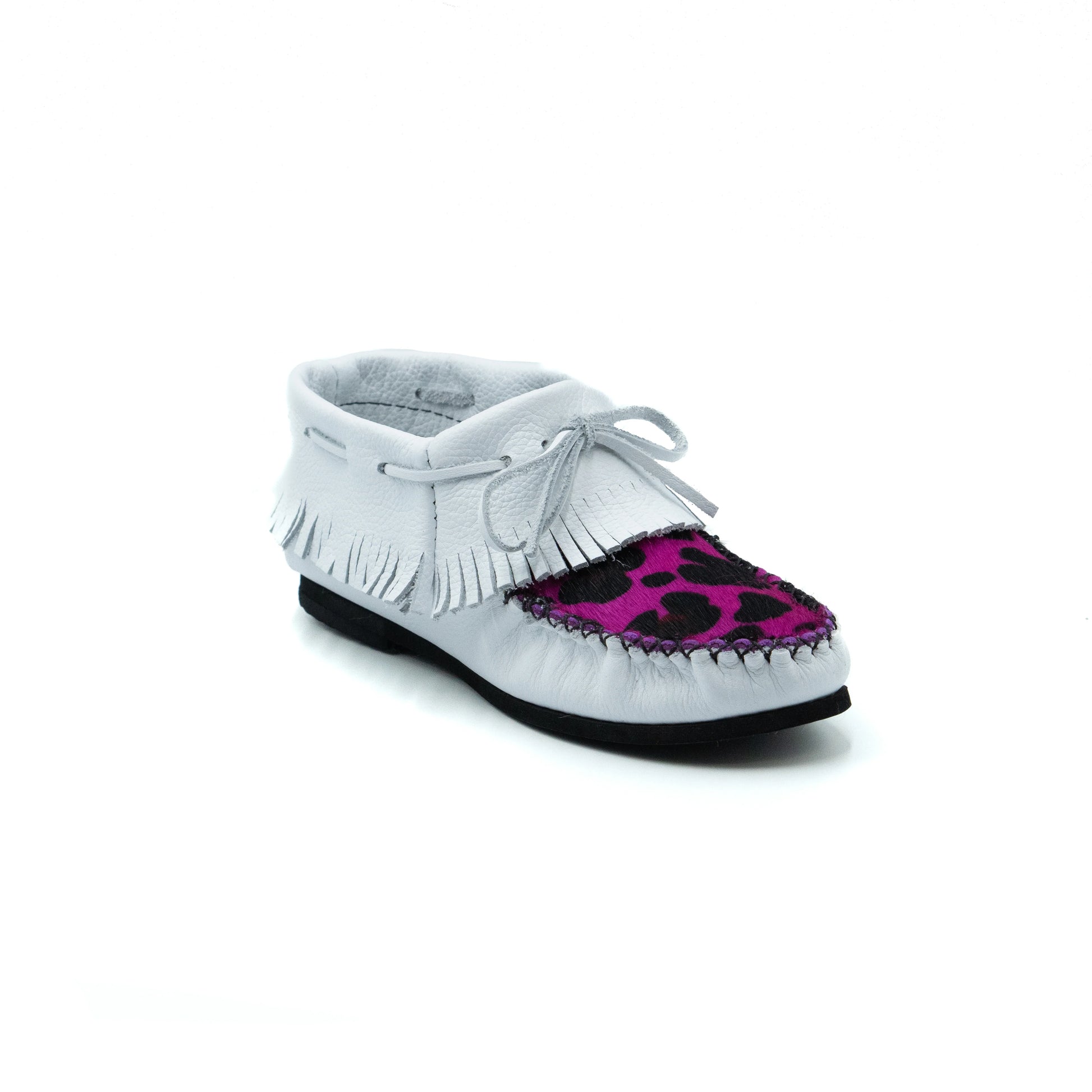 White moccasin shoe with purple leopard print insole on a white background