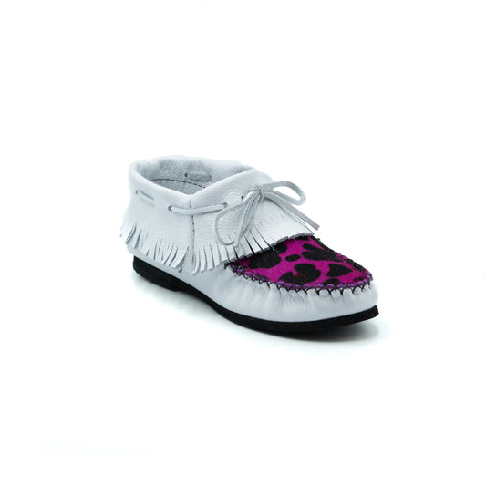 White moccasin shoe with purple leopard print insole on a white background