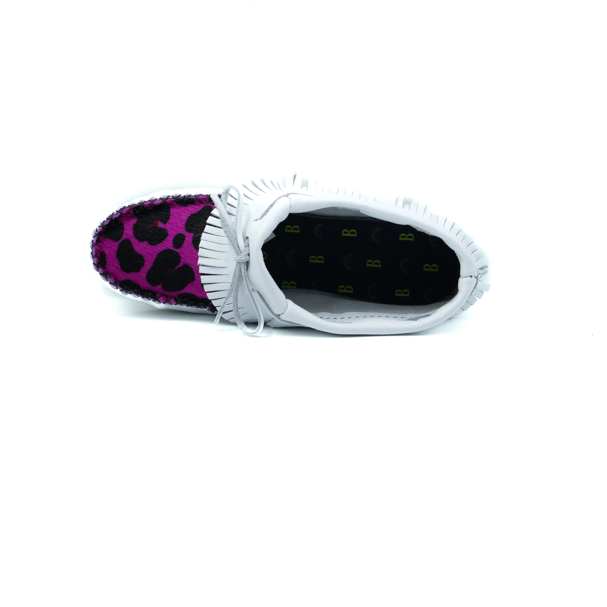 White shoes with purple leopard print and black interior on a white background