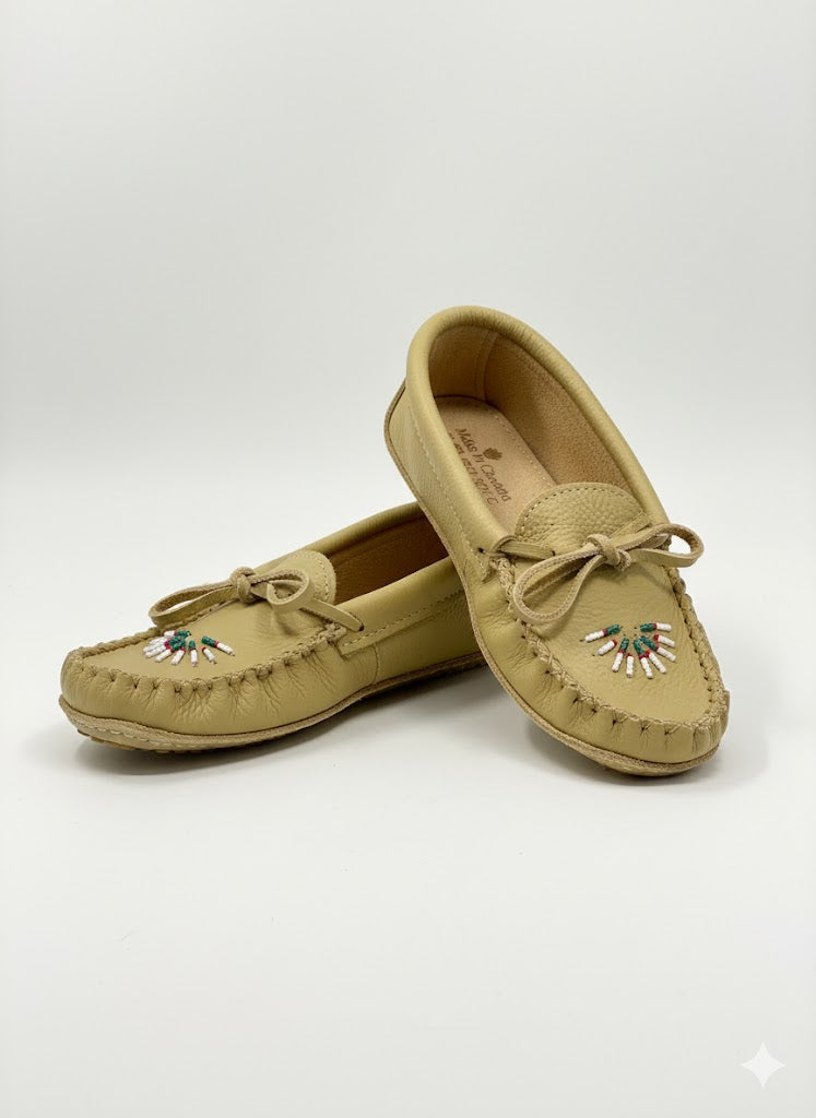 Women's Laurentian Chief Deer Tan Leather Moccasins with double Leather Ski Sole And Sunrise Beaded Vamp