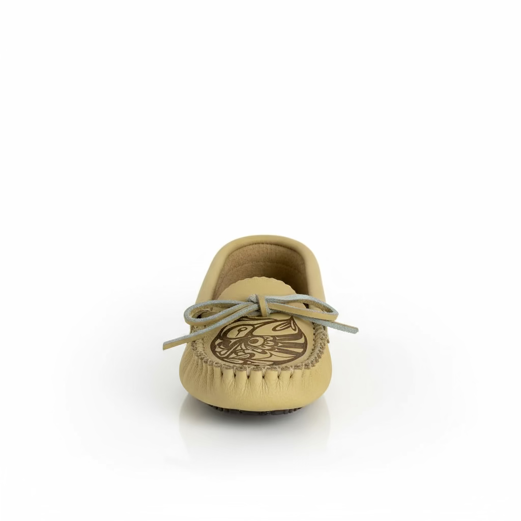 Beige moccasin shoe with a patterned sole on a white background