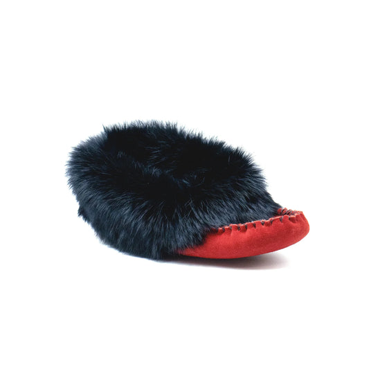 Women's Handcrafted Red Suede Beaded Moccasins: Authentic Canadian Aboriginal with Real Rabbit Fur Collar