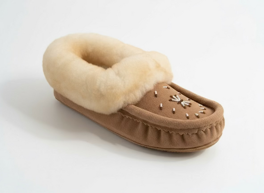 Brown slipper with beige fur lining on a white background