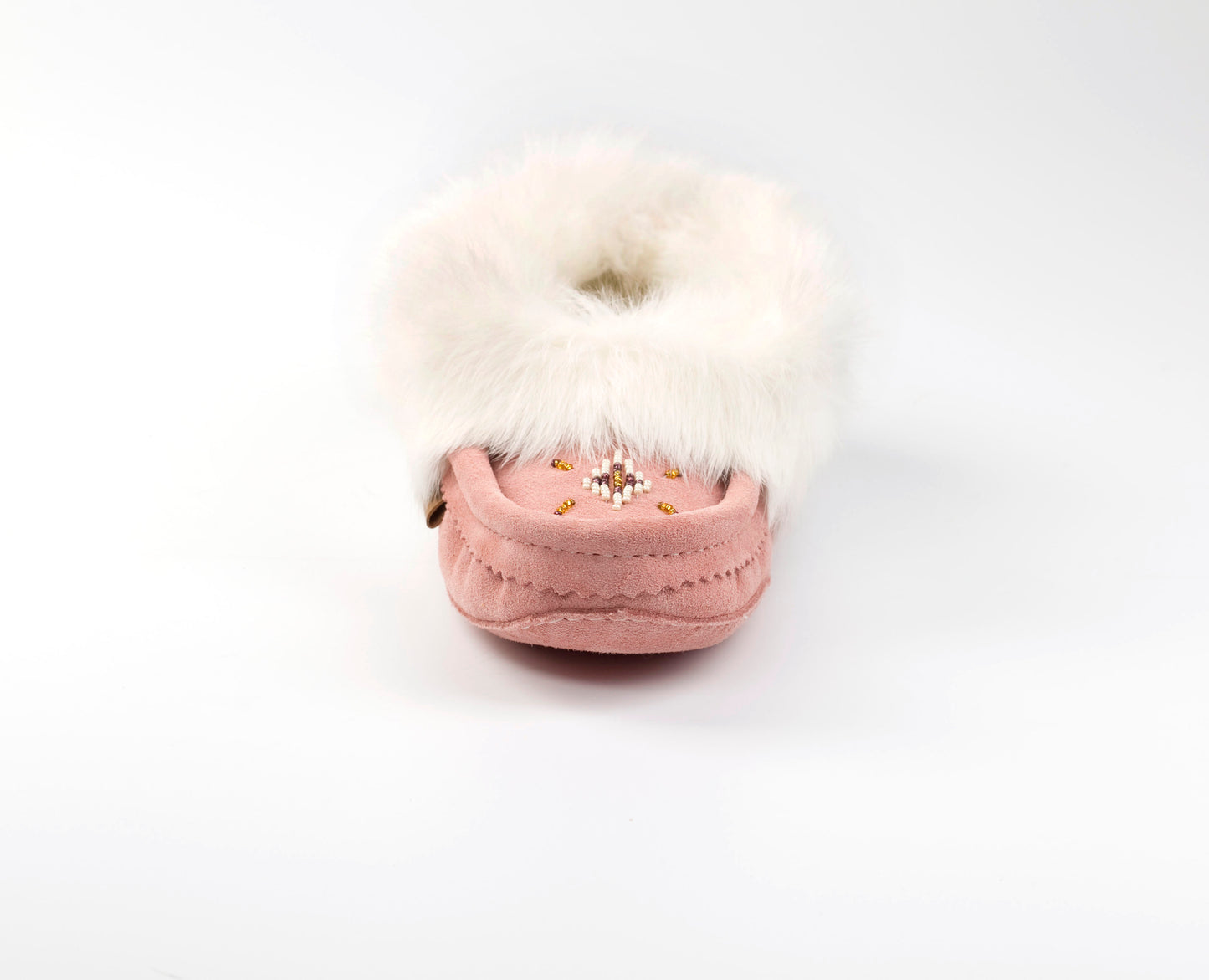 The Canmore Handcrafted Pink & White Rabbit Fur Moccasin Slippers | Women's